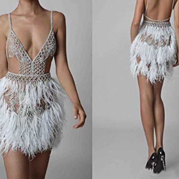 Short  Feather Cocktail Backless Spaghetti Crystal Beads Mini Evening Gown - Picture 1 of 14